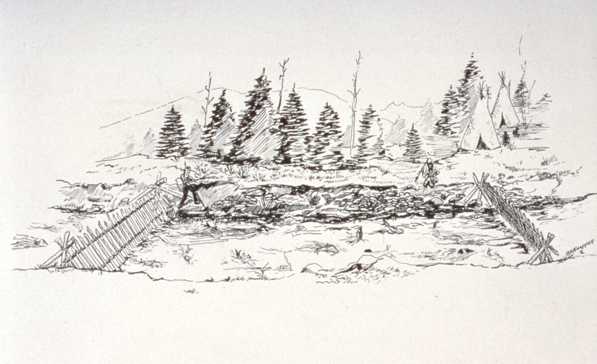 Drawing of the Nez Perce fishtraps in use, from the Wallowa County Museum collection.