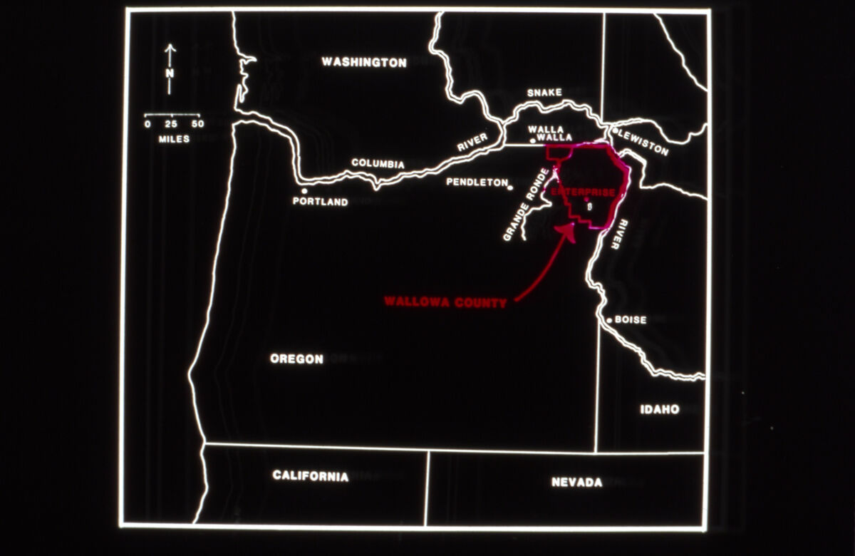 Map showing the centennial boundaries of Wallowa County in 1987.