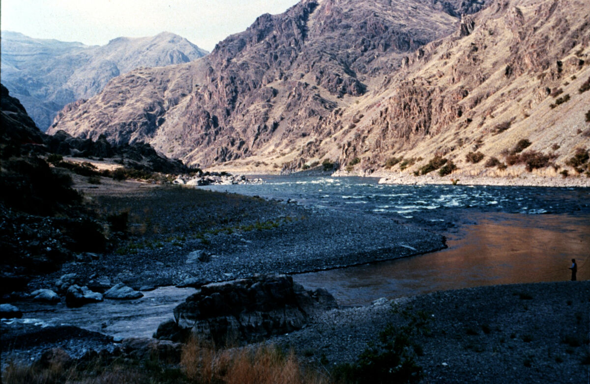 Eureka Bar, the site of a short-lived copper mining town at the confluence of the Imnaha and Snake Rivers. The area has superb steelhead fishing. Slide 098 shows the stamp mill. Taken by Janie Tippett.