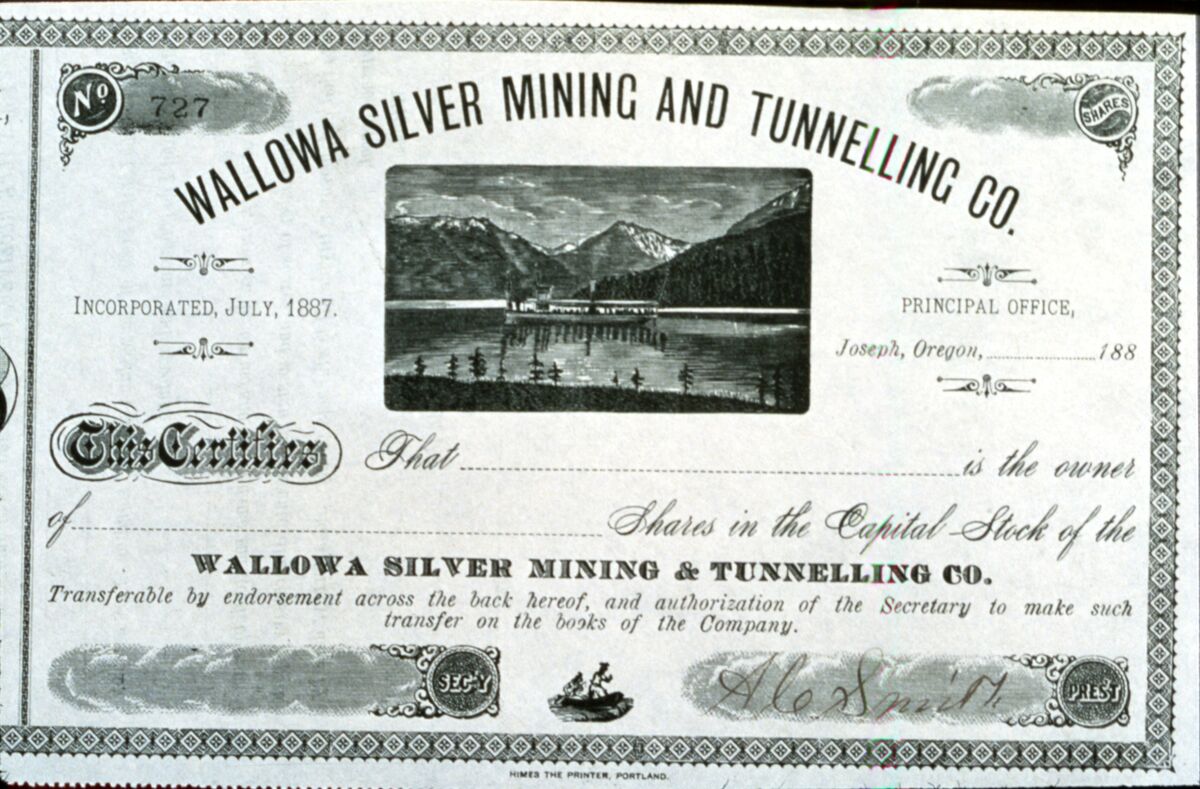 Certificate for the ownership of shares from the Wallowa Silver Mining and Tunnelling Company.