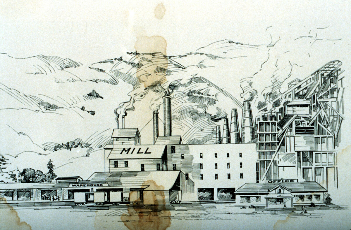 Ink drawing of the Black Marble and Lime Company mill and offices below Ruby Peak on Alder Slope. Date unknown. Courtesy of the Wallowa County Museum.